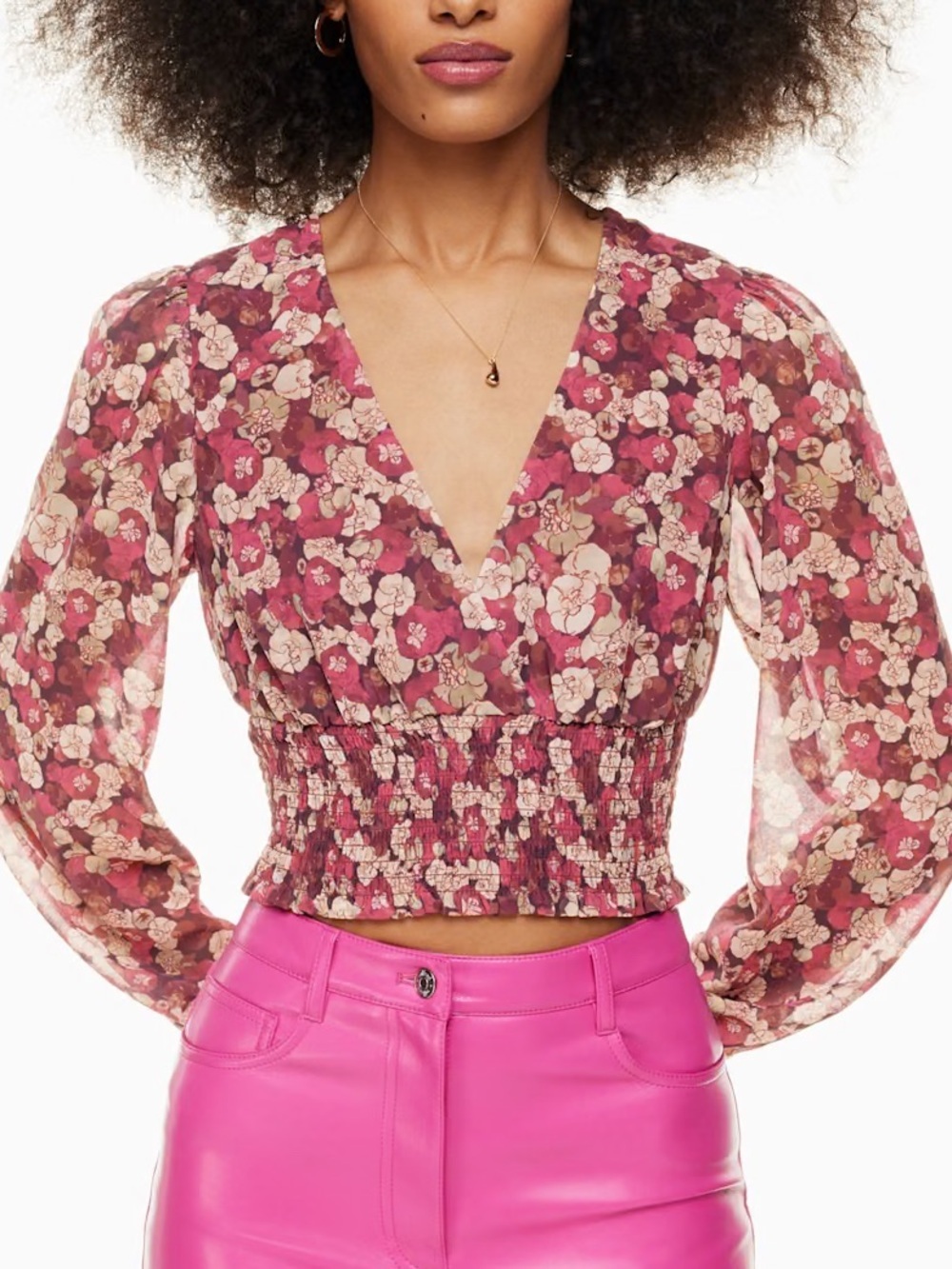 NWT Aritzia Wilfred Wistful Spiced Burgundy Floral V-Neck Crop Blouse Top Small